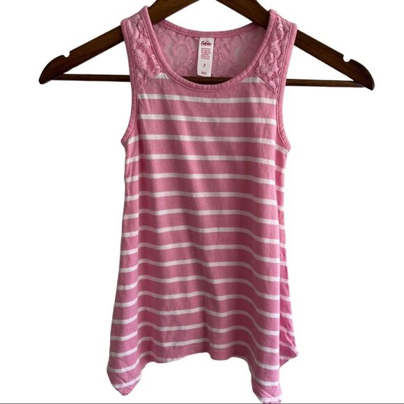 Pink + White Striped Justice Tank Top handkerchief Hem Lace Top Girls Size 7 - Picture 1 of 9